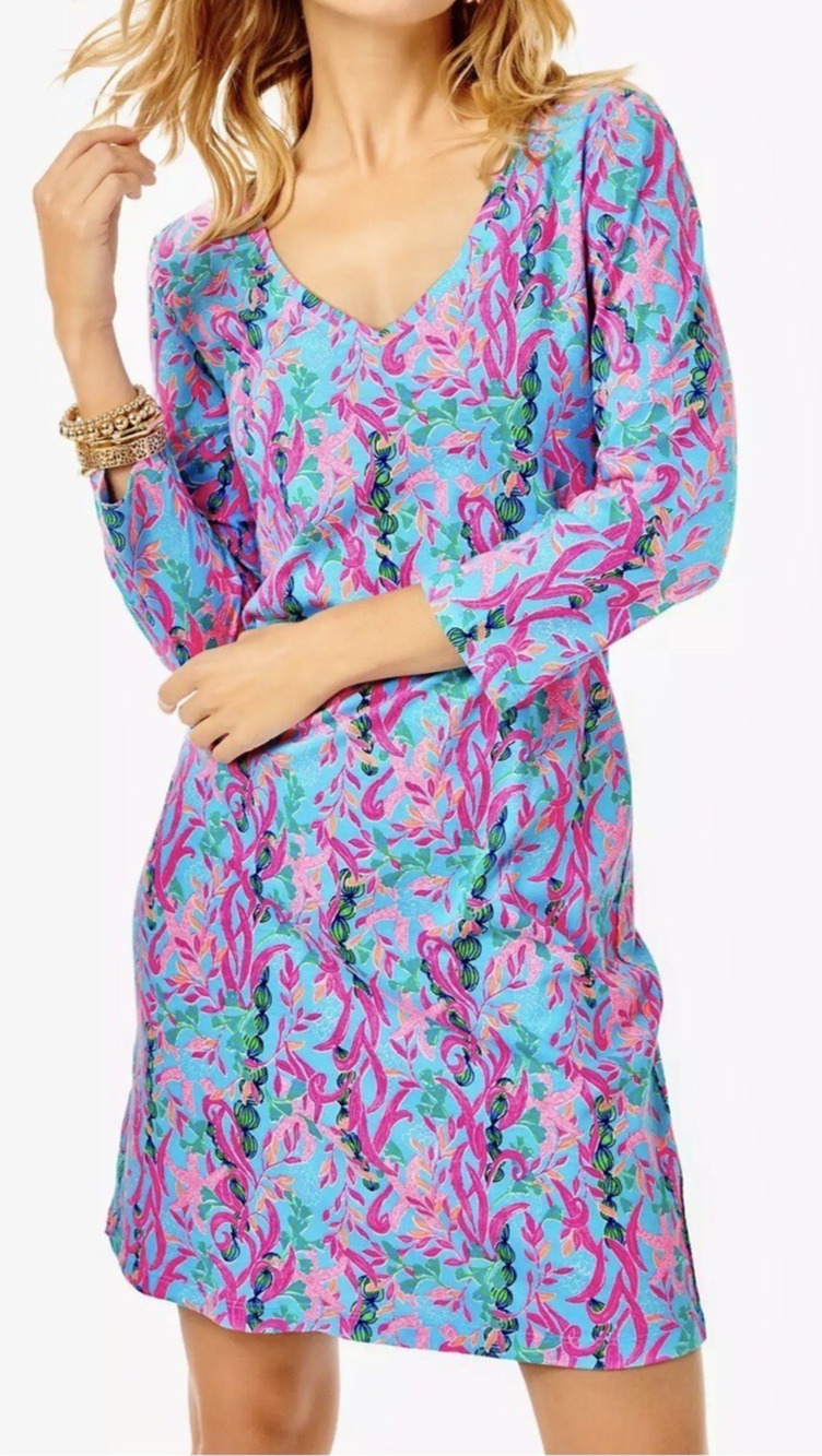 Lilly Pulitzer Tessa Multi Seaweed Samba Pima Knit V-Neck Shirt Dress Medium